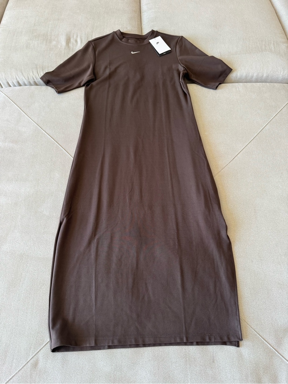 Nike Brown Short-Sleeve Maxi Dress with Swoosh and side slit